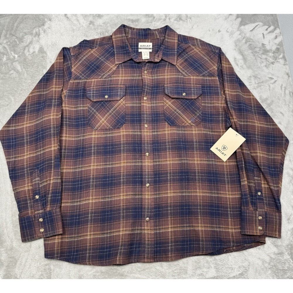 Ariat Pearl Snap Shirt Mens 2XL XXL Harleigh Retro Long Sleeve Flannel Brown NWT